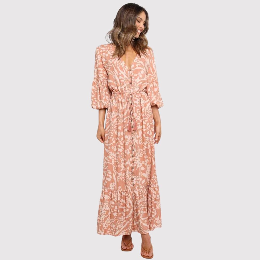 Petal & Pup Dress Brown Katerina Maxi V Neck Button Down Floral Boho Medium - Picture 1 of 12